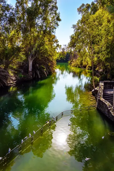 Yardenit, Katolikler ve Ortodoks Hıristiyanlar için bir vaftiz merkezi. Parlak güneşli kış günü. Kutsal yazı tipi hacıları bekliyor. İsrail. Ürdün Nehri. 