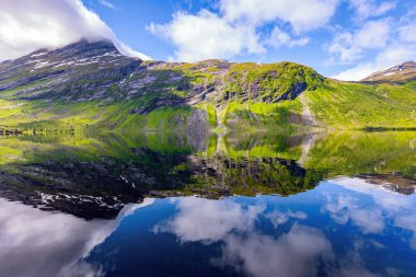  Eidsvatnet Gölü. Norveç 'in merkezindeki resimli dağlar. İskandinavya 'da yaz mevsimi. Soğuk suda yeşil yansımalar.