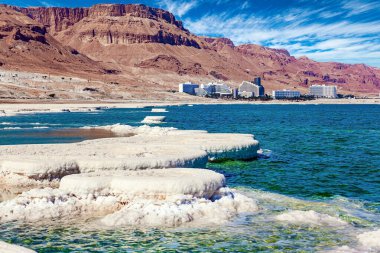İsrail 'de ölü deniz kıyısı. Tuz kristalizasyonunun sonucu. Orta Doğu. Sıcak bir günde görkemli bir göl. Tuz kristallerinin yuvarlak resmedilmiş oluşumları.