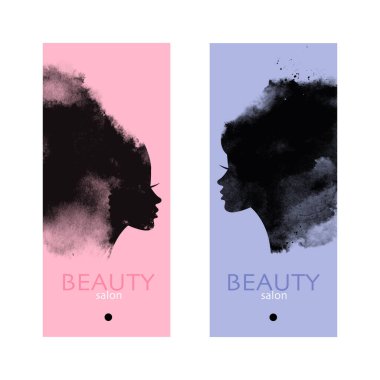 Suluboya güzel kız siluetleri. Kadın güzellik salonunun logo koleksiyonu. Splash boya tasarımı. Vektör illüstrasyon pankartları. 
