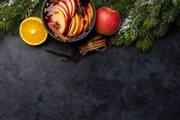 Hot Mulled Wine Fruits Spices Flat Lay Copy Space — Stock Photo, Image