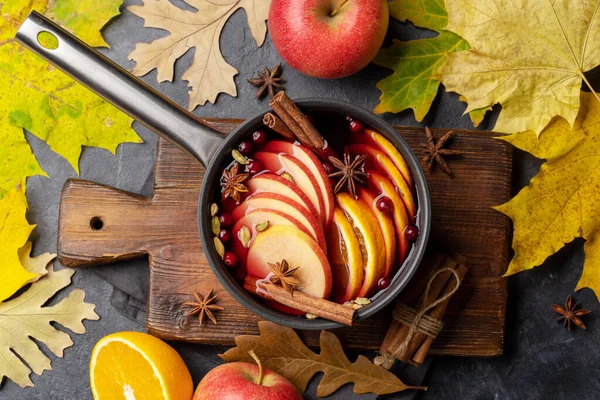 Hot Mulled Wine Fruits Spices Autumn Cocktail Flat Lay — Stock Photo, Image