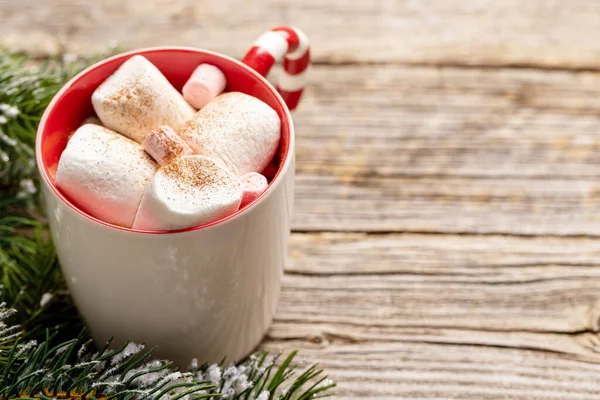 雪のマシュマロとモミの木とカップ コピースペース付きクリスマス休暇 — ストック写真