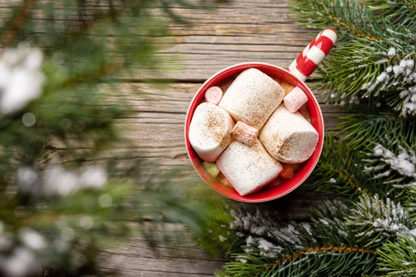 Marşmelovlu Fincan Karlı Köknar Ağacı Fotokopi Alanı Olan Noel Tatili — Stok fotoğraf