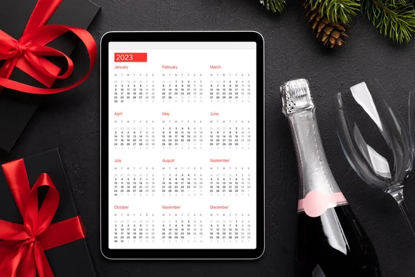 Tablet Ημερολόγιο Κουτιά Δώρων Και Διακόσμηση Χριστουγέννων Πρότυπο Οθόνης Συσκευής — Φωτογραφία Αρχείου