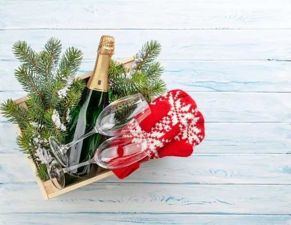 Christmas Box Champagne Bottle Mittens Top View Flat Lay Space — Stock Photo, Image
