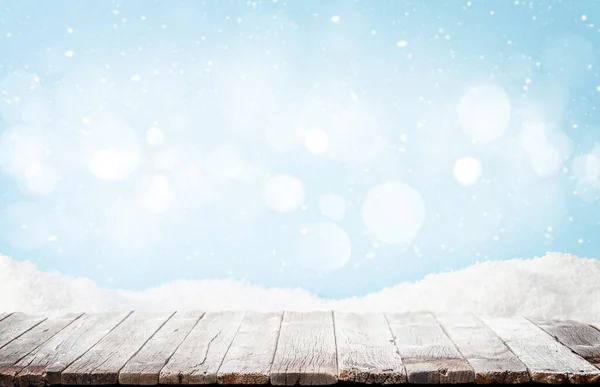Sfondo Tavola Natale Con Sfondo Inverno Bokeh Visualizzare Prodotto — Foto Stock