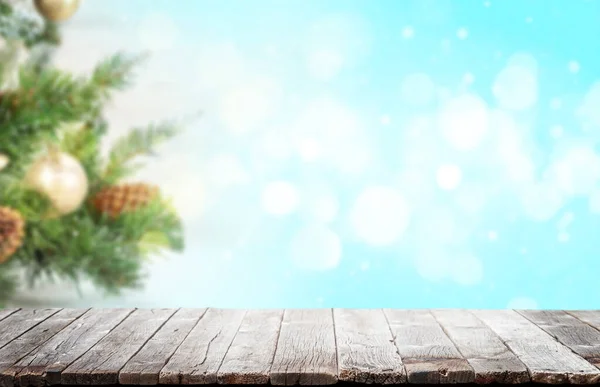 Weihnachten Tisch Hintergrund Mit Winter Bokeh Hintergrund Zur Anzeige Ihres — Stockfoto