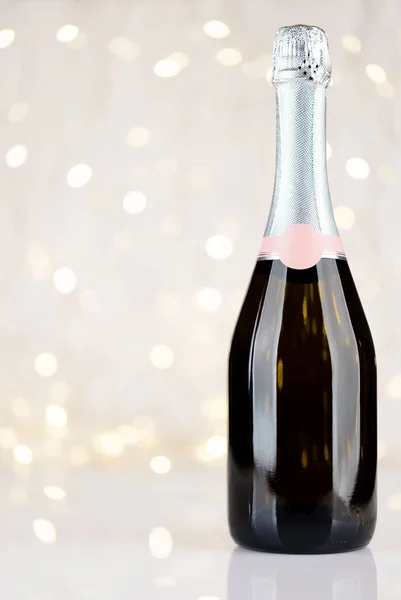 Bouteille Champagne Devant Les Lumières Noël Bokeh Avec Espace Pour — Photo