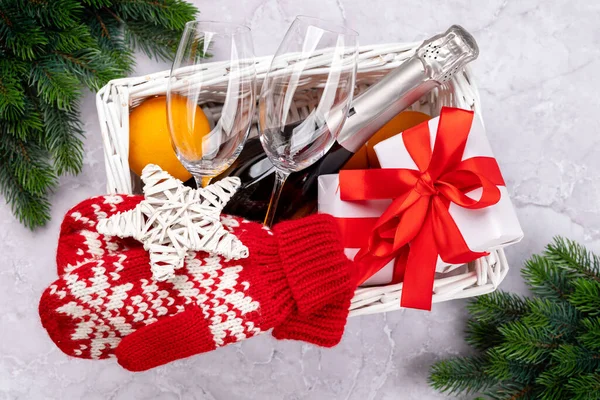 Christmas Gift Box Champagne Oranges Decor Flat Lay — Stock Photo, Image
