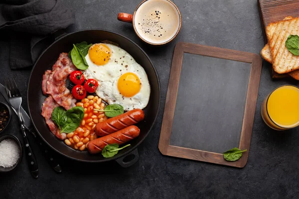 English Breakfast Fried Eggs Beans Bacon Sausages Top View Flat — Stock Photo, Image