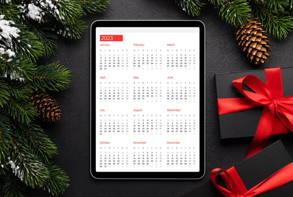 Tafel Met Kalender Geschenkdozen Kerstdecor Sjabloon Voor Het Kerstscherm — Stockfoto