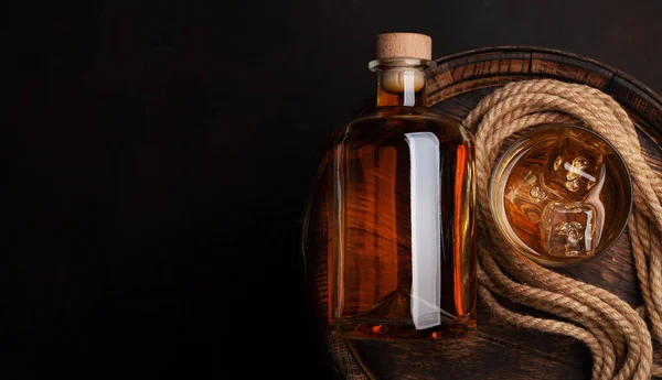 Bottle Rum Cognac Whiskey Old Wooden Barrel Top View Flat — Stock Photo, Image