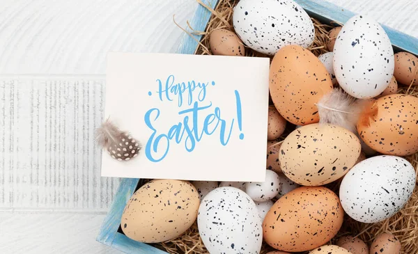 Ευχετήρια Κάρτα Πάσχα Πασχαλινά Αυγά Πάνω Όψη Επίπεδη Θέσει Αντίγραφο — Φωτογραφία Αρχείου