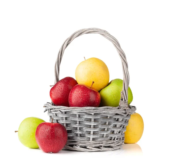 Colorful Ripe Apple Fruits Basket Isolated White Background — Stock Photo, Image