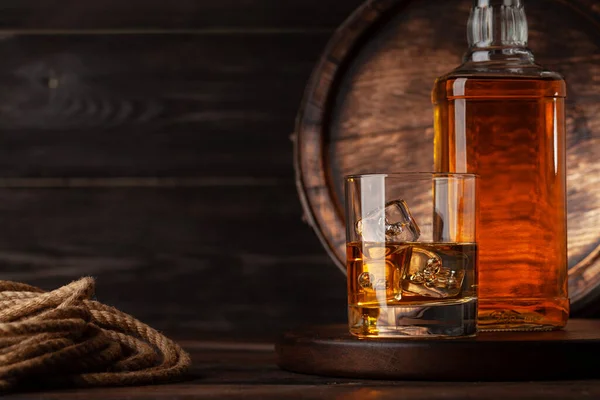Glass Bottle Cognac Whiskey Golden Rum Front Old Wooden Barrel — Stock Photo, Image