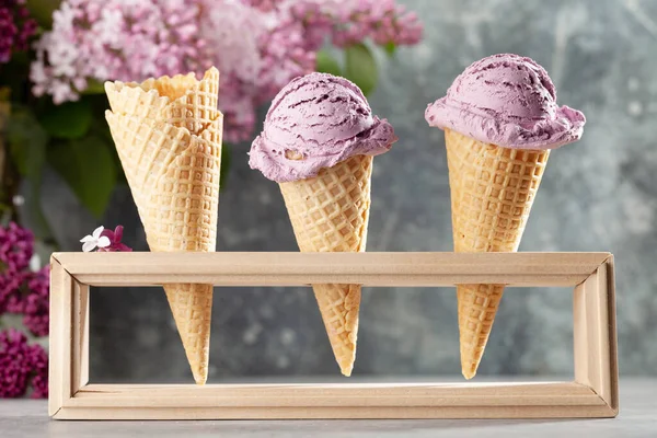 ベリーアイスクリームサンデーInワッフルコーンとライラックの花 — ストック写真
