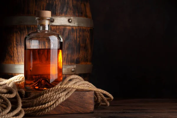Whiskey Cognac Golden Rum Front Old Wooden Barrel Copy Space — Stock Photo, Image