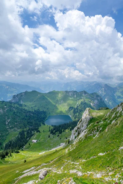 Вид Озеро Зеленые Луга Альпы Швейцарии — стоковое фото