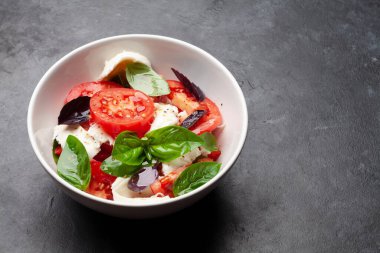 Taze domatesli Caprese salatası, fesleğen ve mozzarella peyniri. Kopyalama alanı ile