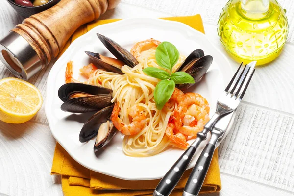 Seafood pasta with shrimps and mussels
