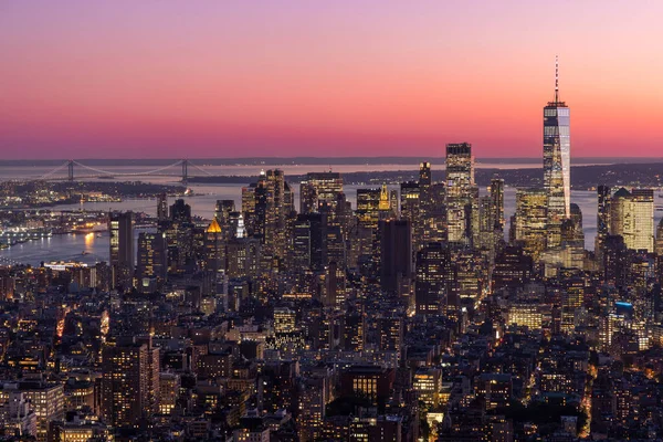 Skyline Von New York City Manhattan Sonnenuntergang Wolkenkratzer Panorama — Stockfoto