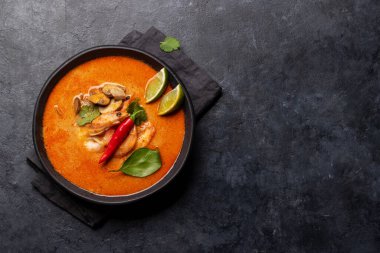 Deniz mahsullü Tayland Tom Yum Çorbası. Kopyalama alanı olan düz