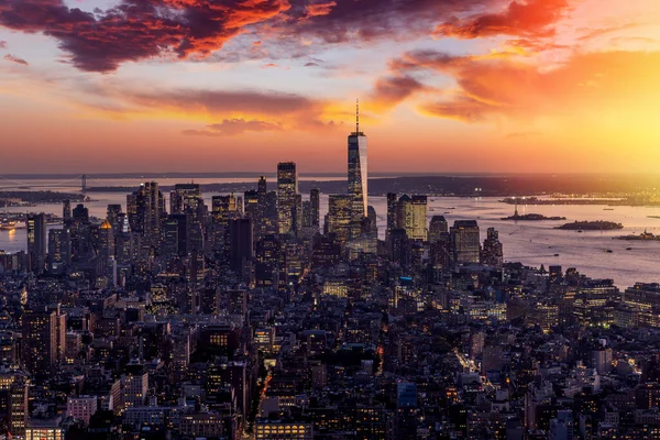 New York City Silueti Manhattan Günbatımı Gökdelenleri Manzarası — Stok fotoğraf