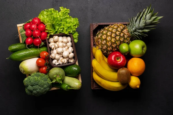 Trälådor Med Nyttiga Grönsaker Och Fruktmat Platt Äggläggning — Stockfoto