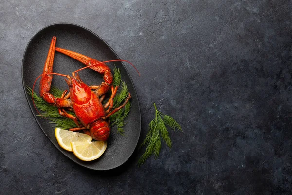 Boiled Crayfish Dill Lemon Top View Flat Lay Copy Space — Stock Photo, Image