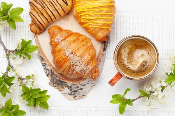 Various Croissants Coffee Cup Wooden Board French Breakfast Top View — Stock Photo, Image