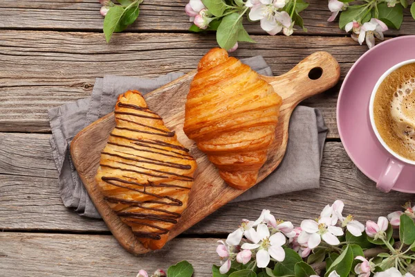 Various Croissants Coffee Wooden Board French Breakfast Top View Flat — Stock Photo, Image