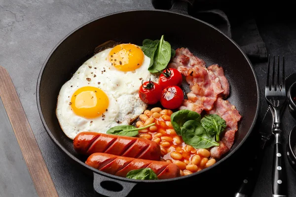 English Breakfast Fried Eggs Beans Bacon Sausages Top View — Stock Photo, Image