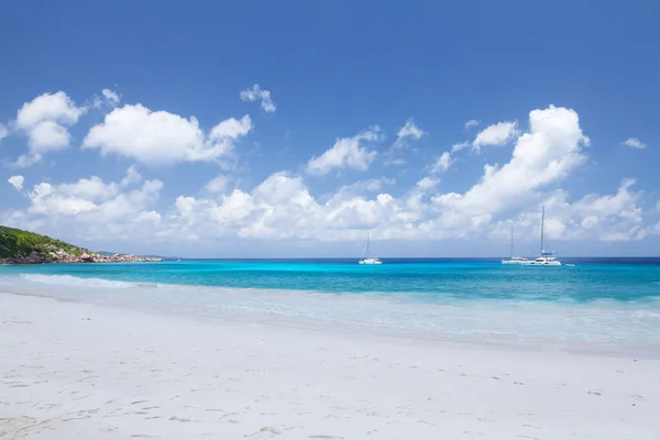 Seychelles Bela Praia Tropical Com Palmeiras Rochas Mar Azul Turquesa — Fotografia de Stock