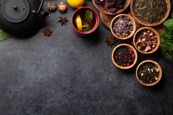 Various Dried Tea Teapot Top View Flat Lay Copy Space — Stock Photo, Image