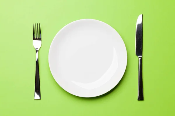 Empty Plate Silverware Top View Flat Lay Copy Space Template — Stock Photo, Image