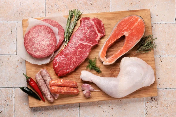 Various Raw Meat Fish Steaks Sausages Salmon Chicken Spices Flat — Stock Photo, Image