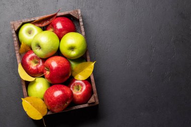 Ahşap kutuda kırmızı ve yeşil bahçe elmaları. Kopyalama alanı olan düz