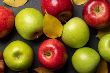 Kırmızı ve yeşil bahçe elmaları. Düz yatıyordu