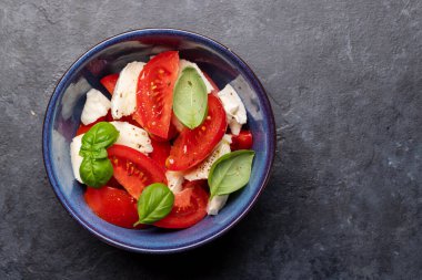 Olgun domatesli Caprese salatası, mozzarella peyniri ve bahçe fesleğeni. Kopyalama alanı olan düz
