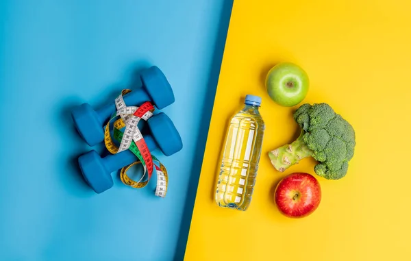 Fitness, training and healthy food, diet concept. Flat lay