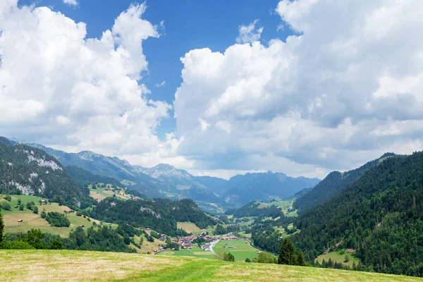 Panoramautsikt Över Landskapet Gröna Alpängar Och Alperna Schweiz — Stockfoto