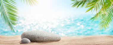 Palmiye yaprakları, parlak kum ve çakıl taşları olan tropik bir sahil. Yaz tatili ve ürününüz için fotokopi alanı ile seyahat kavramı