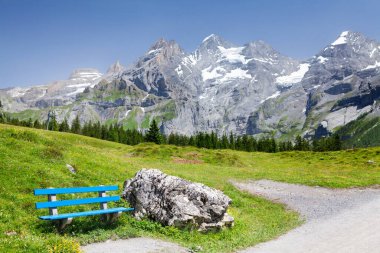 Swiss Alps mountains, blooming meadow and bench in front. Summer day in Switzerland clipart