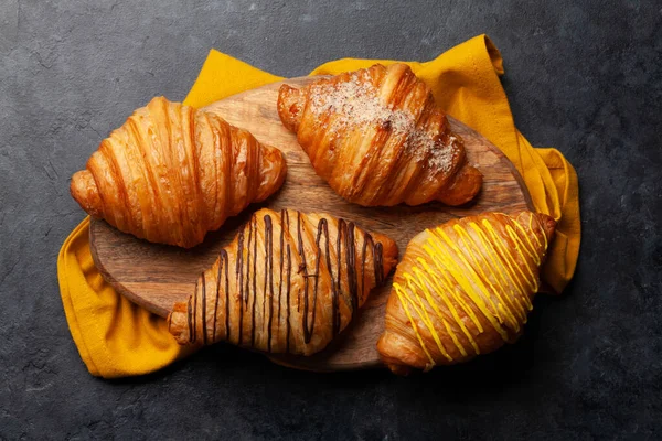 Various Croissants Wooden Board French Breakfast Top View Flat Lay — Stock Photo, Image