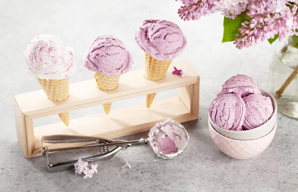 Berry Ice Cream Sundae Waffle Cones Lilac Flowers — Stock Photo, Image