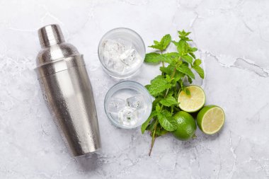 Mojito kokteyl malzemeleri ve içecekler. Taş masada düz yatıyordu.