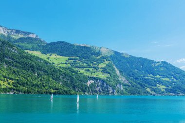 İsviçre 'de Alpler dağlarındaki karlı gölün panoramik manzarası