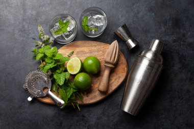 Mojito kokteyl malzemeleri ve içecekler. Taş masada düz yatıyordu.