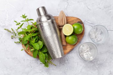 Mojito kokteyl malzemeleri ve içecekler. Taş masada düz yatıyordu.
